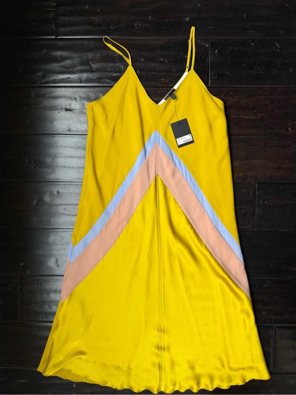 ATM Yellow Colorblock Silk Slip Dress with Pastel Chevron Detail
